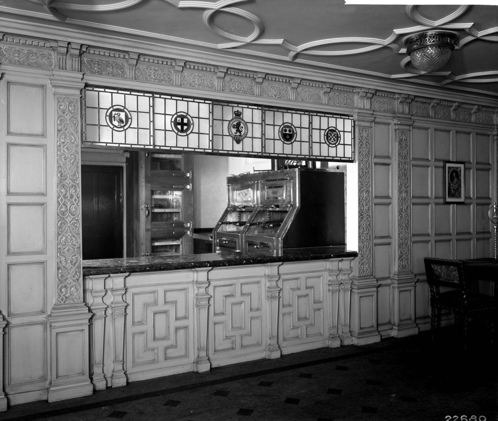 Detail of Serving window in the First Class Grill Room on the 'Aquitania' (1914) by Bedford Lemere & Co.
