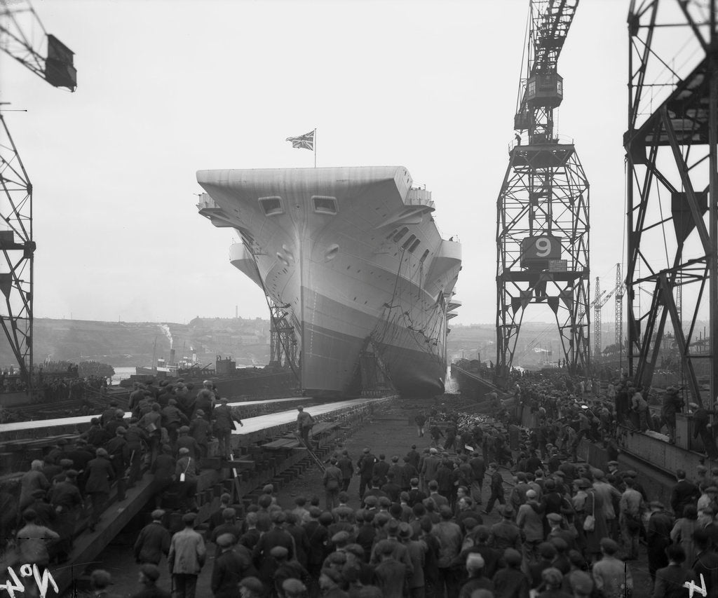 Detail of Aircraft carrier HMS 'Victorious' (1939) moving down the slipway on No.3 berth by unknown