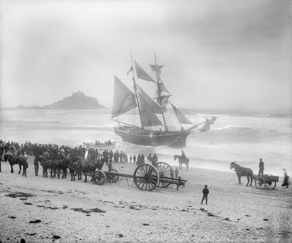 Detail of Jeune Hortense aground on the beach at Mounts Bay by Gibson & Sons of Scilly