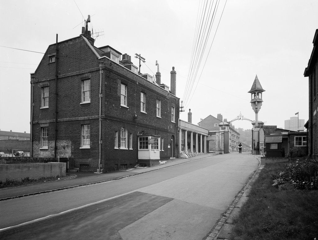 Detail of The gate and porter's lodge at the entrance to Woolwich Dockyard by unknown