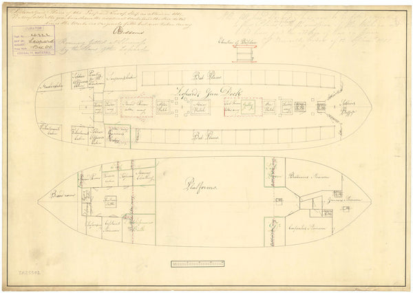 A plan showing the gun deck, and hold with fore and aft platforms for 'Leopard' (1790); subsequently used for fitting 'Romney' (1812)