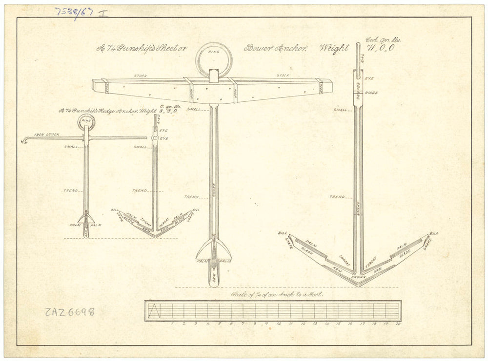 Bower and Kedge Anchors with tables of weights and anchor allocations for 74-gun Ships (no date)