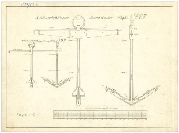 Bower and Kedge Anchors with tables of weights and anchor allocations for 74-gun Ships (no date)