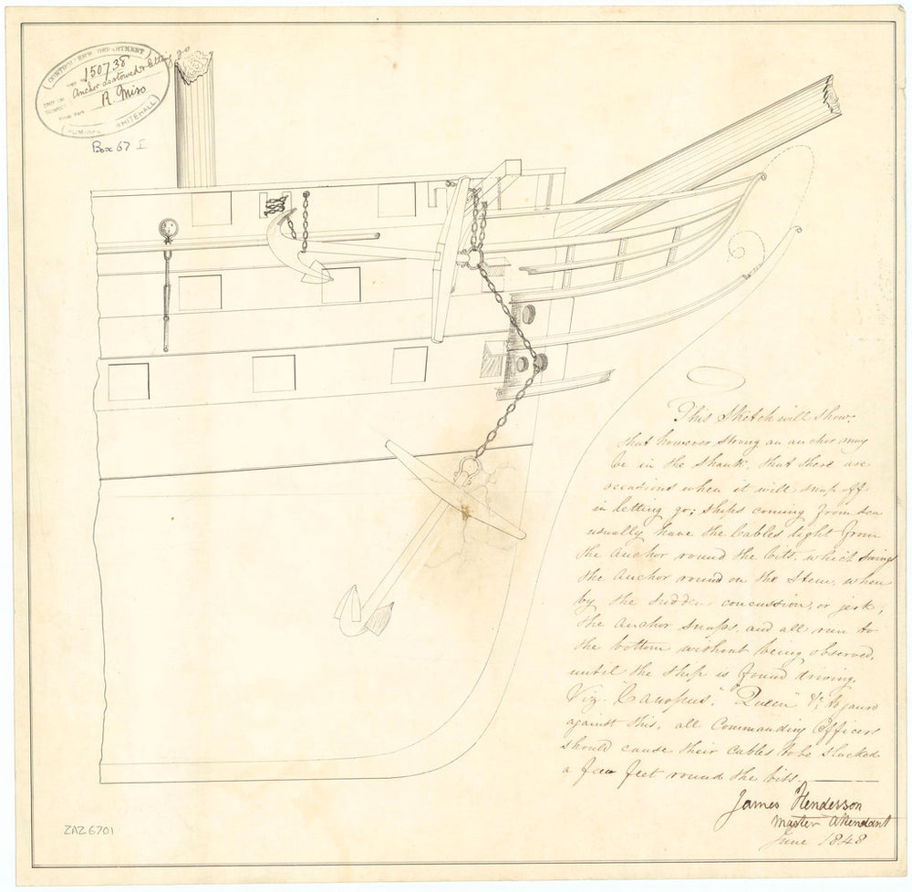 Sketch for the stowage and release of anchors (1848)