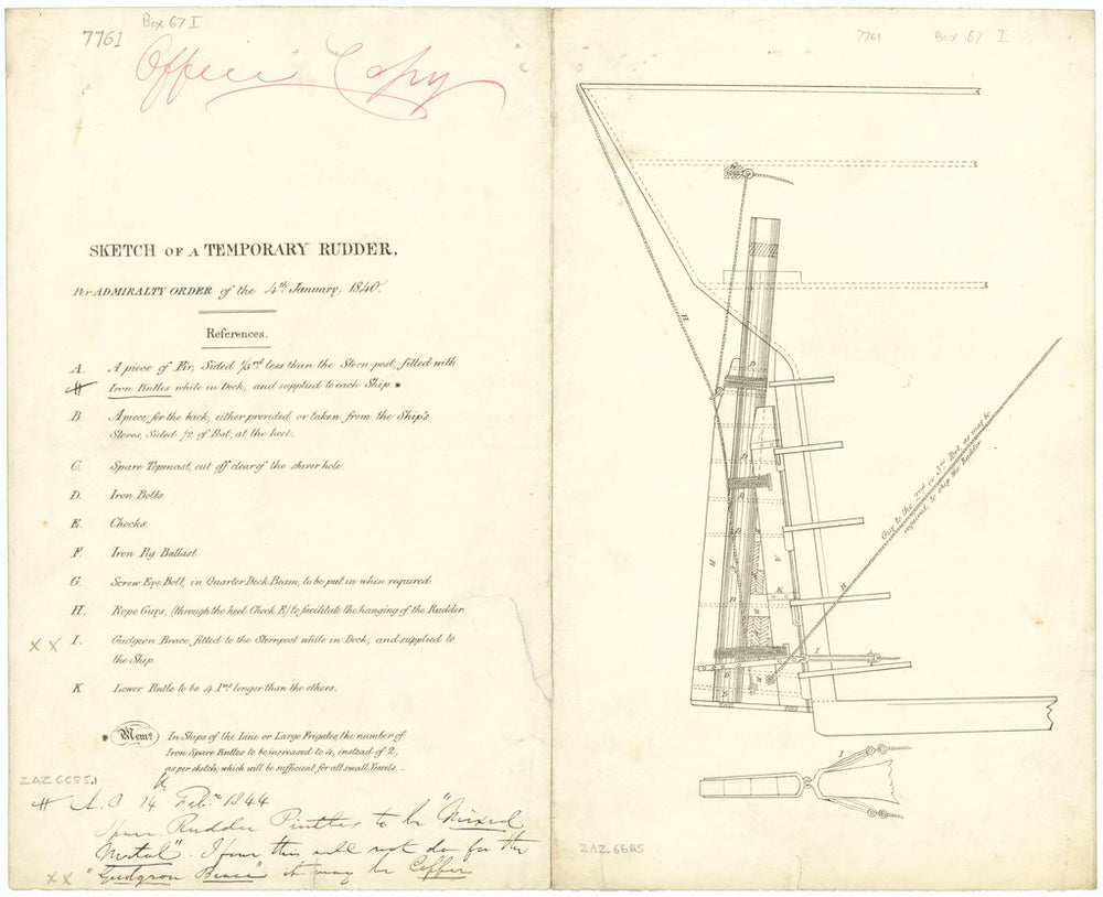 Elevation of a temporary rudder for warships (circa 1840)