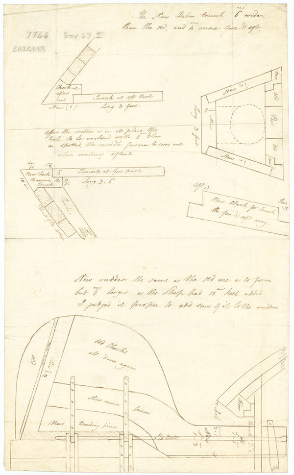 Helm trunk and rudder for unnamed vessel