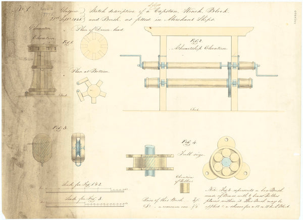 Capstan, winch, block and bush as fitted to merchant ships (circa 1848)