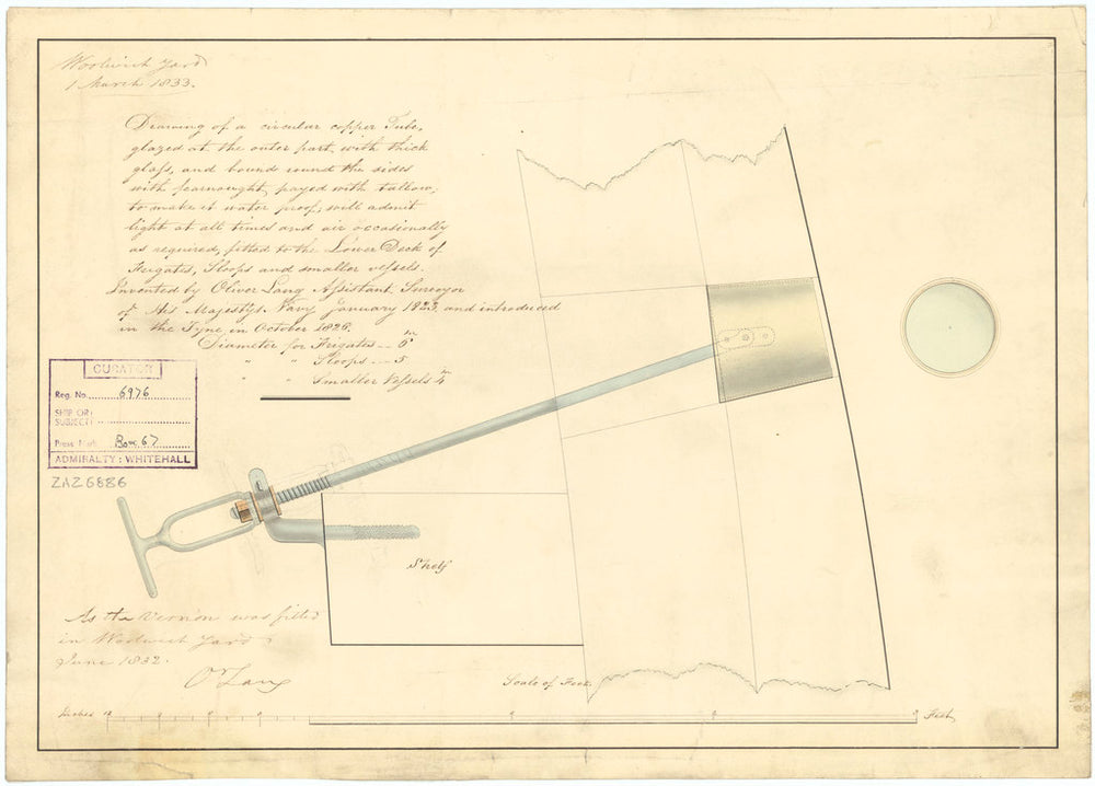 Scuttle fitting for Frigates, Sloops, and smaller vessels, specifically Tyne (1826) and Vernon (1832)