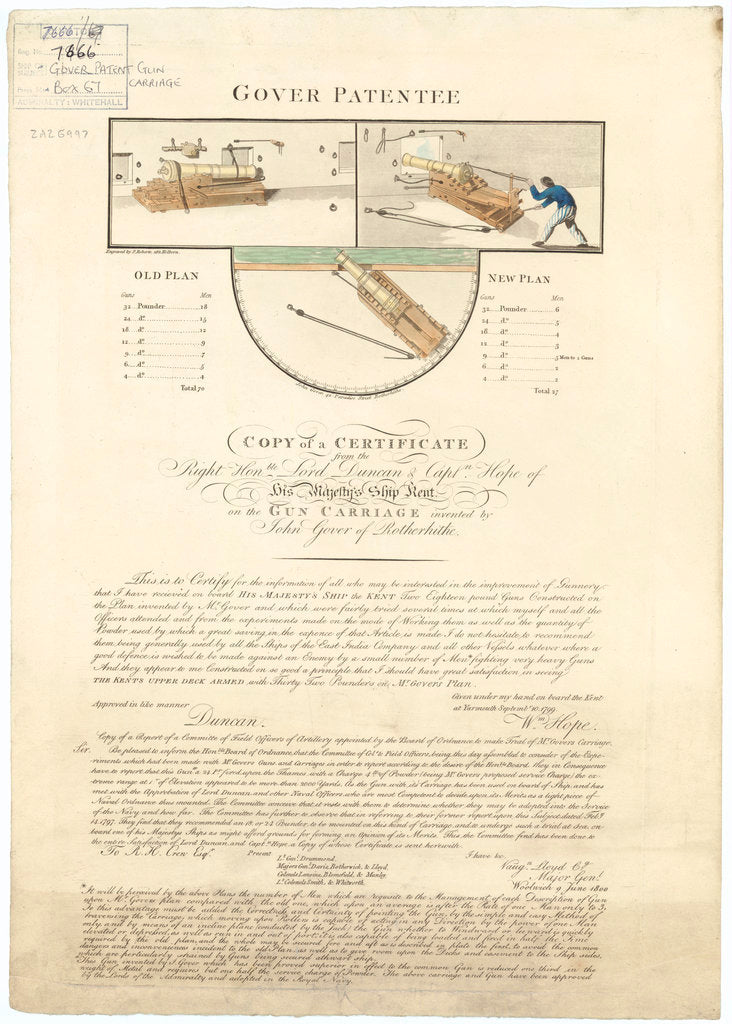 Certificate for Gover's Gun Carriage Patent confirming the design used on Kent (1798)
