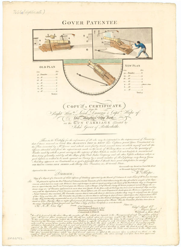 Certificate for Gover's Gun Carriage Patent confirming the design used on Kent (1798)