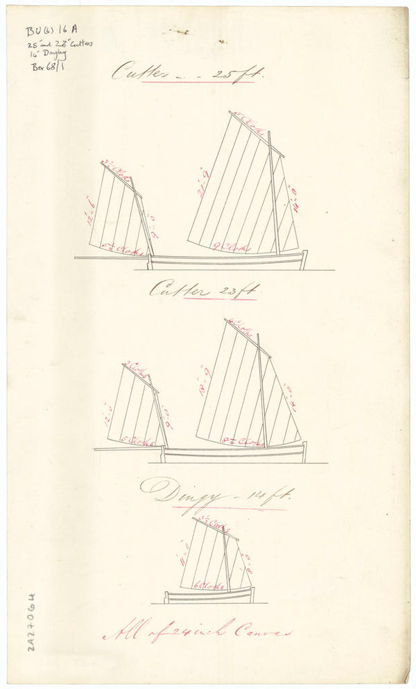 Sail plans for 23ft Cutter, 25ft Cutter, and 14ft Dinghy