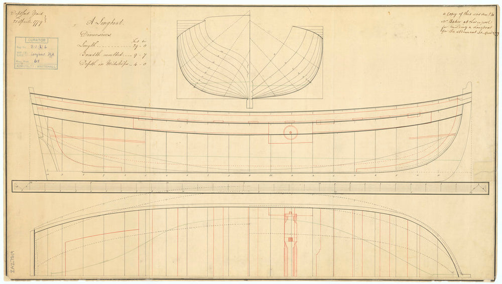 Lines plan for a 29 foot Longboat. Used for building the ‘Adament’ (1780) a 4th rate two decker, 50 guns.
