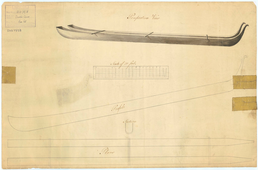 Profile and section plans of double canoe