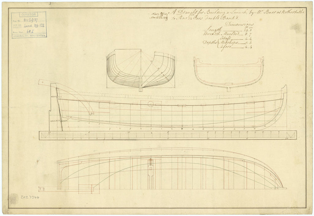 Line and profile plan of a 29ft, 14-oared launch to be built by Mr Burr at Rotherhithe, 1779