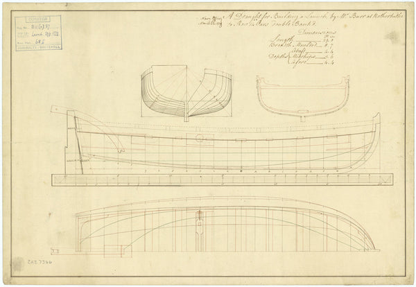 Line and profile plan of a 29ft, 14-oared launch to be built by Mr Burr at Rotherhithe, 1779