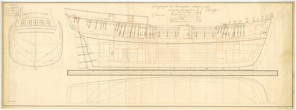 Ship plan showing the body plan, sheer lines with inboard detail as fitted for Hecla (1798)