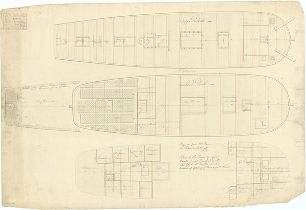 Upper middle and lower deck plans of HMS Bounty (1787) (ex-Bethia) as fitted with plant racks for 629 pots