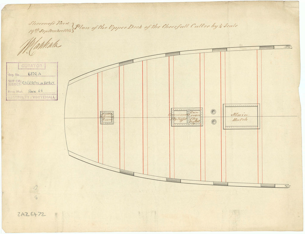 Upper deck plan for vessels Surly (1806) and Cheerful (1806)
