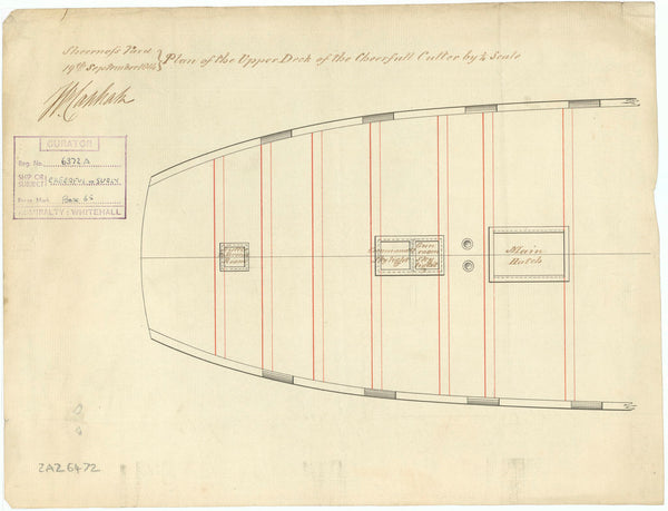 Upper deck plan for vessels 'Surly' (1806) and 'Cheerful' (1806)