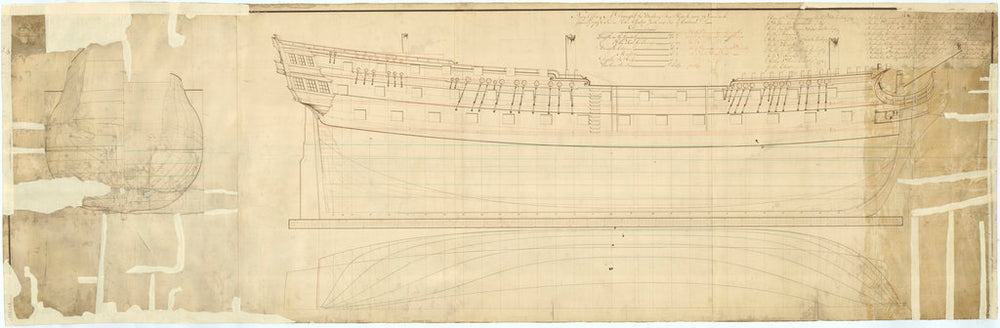 Plan showing the body, sheer lines, and longitudinal half-breadth for Cornwall (1761); Arrogant (1761); Kent (1762); Defence (1763); Edgar (1779); Goliath (1781); Vanguard (1787); Excellent (1787); Saturn (1786); Elephant (1786); Illustrious (1789); Bellerophon (1786); Zealous (1785); Audacious (1785)