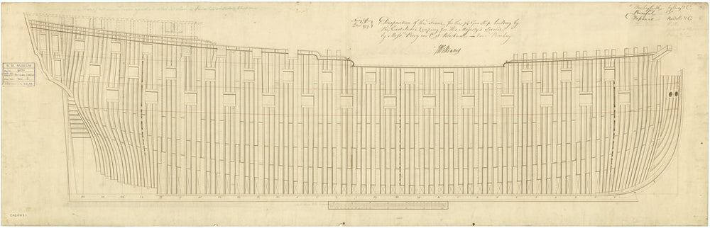 Plan showing framing profile (disposition) for Bombay Castle (1782); Powerful (1783); Defiance (1783); Thunderer (1783)