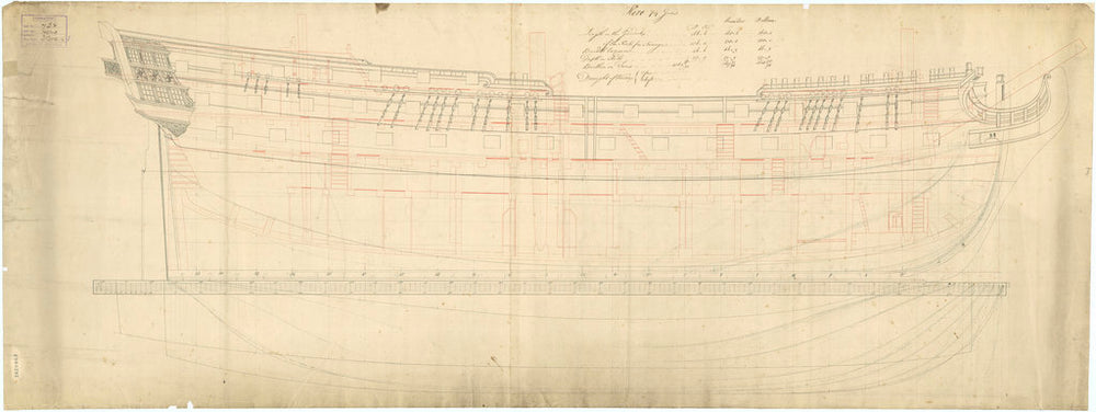 Plan showing the inboard profile with quarter gallery decoration and annotation, and the longitudinal half-breadth for Hero (1759), a 74-gun Third Rate, two-decker