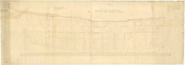 Plan showing the inboard profile proposed (and approved) for Hero (1759), a 74-gun Third Rate, two-decker