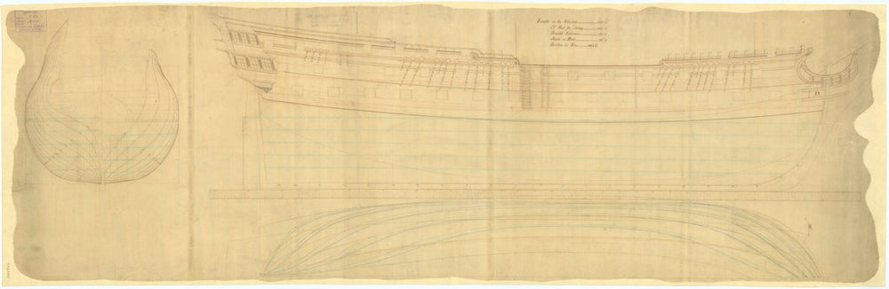 Plan showing the body plan with alterations, sheer lines, and longitudinal half-breadth with alterations, for Hero (1759)