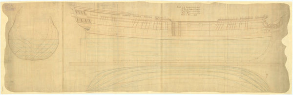 Plan showing the body plan with alterations, sheer lines, and longitudinal half-breadth with alterations, for Hero (1759)