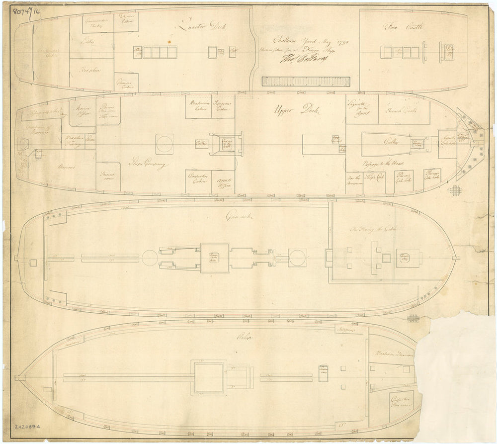 Plan showing the quarterdeck and forcastle deck, upper deck, gun deck (lower deck), and orlop deck for Hero (1759)