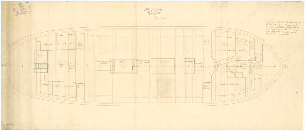 Plan showing the orlop deck with fore and aft platforms proposed (and approved) for Hero (1759), a 74-gun Third Rate, two-decker.  The plan includes later alterations. Scale: 1:48