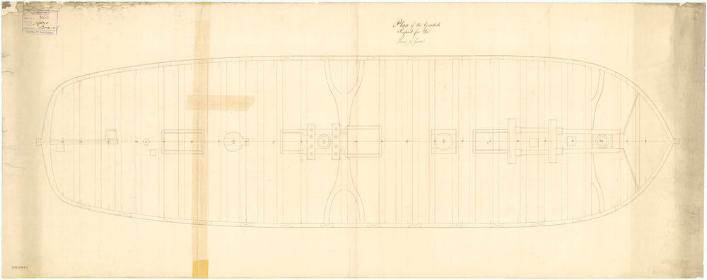 Scale: 1:48. Plan showing the gun deck (lower deck) proposed for Hero (1759), a 74-gun Third Rate, two-decker.