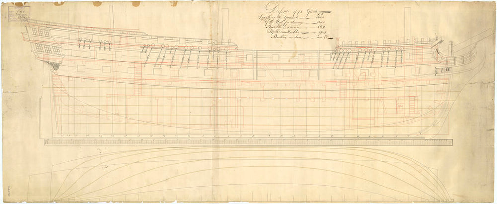 Plan showing the sheer lines with inboard detail, and longitudinal half-breadth for Defence (1763), a 74-gun Third Rate, two decker