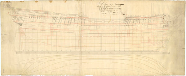 Plan showing the sheer lines with inboard detail, and longitudinal half-breadth for Defence (1763), a 74-gun Third Rate, two decker