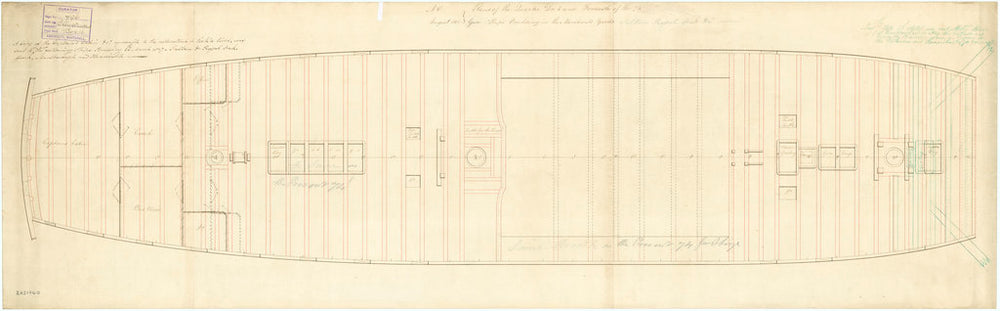 Plan showing the quarterdeck and forecastle of 'Marlborough' (1807); 'York' (1807); 'Hannibal' (1810); 'Sultan' (1807); 'Royal Oak' (1809); 'Victorious' (1808)