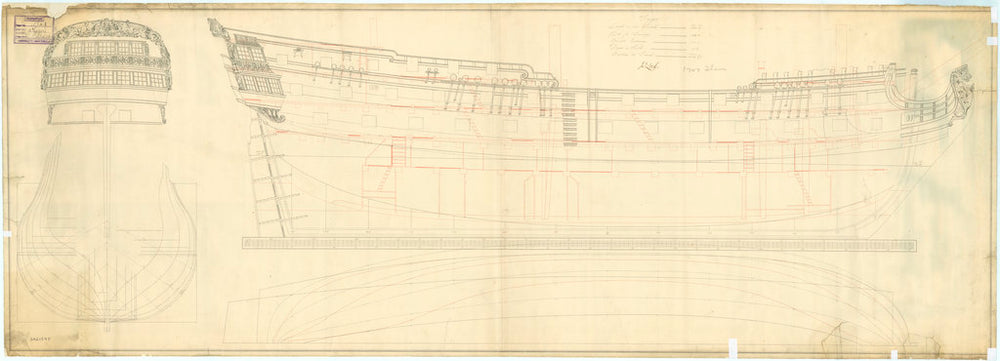 Plan showing the body, stern board, sheer lines of Tiger (1747)