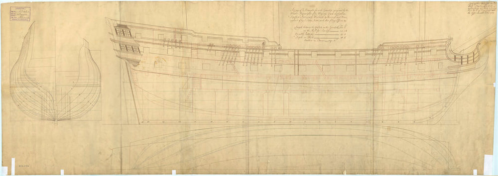 Plan showing the body, sheer lines with inboard detail, and longitudinal half-breadth of Tiger (1747)