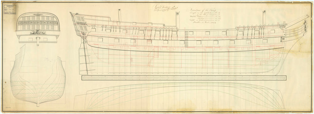 Plan of HMS 'Tromp' (Du) 1796, lines & profile
