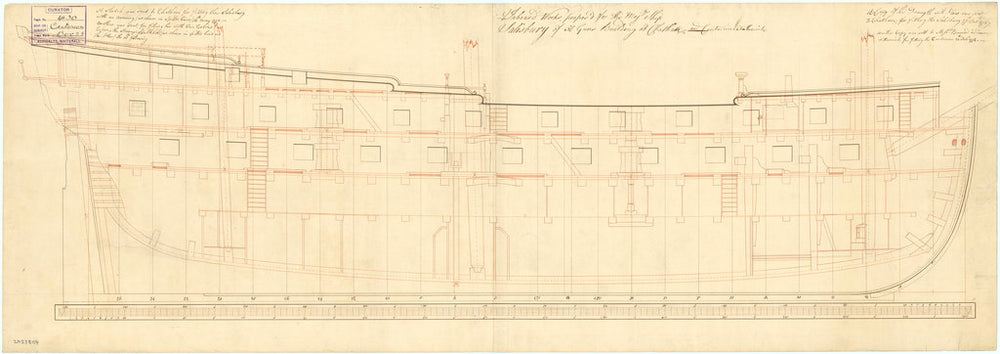 Inboard profile plan of the 50-gun, 4th rate 'Salisbury' (1769) and 'Centurion' (1774)