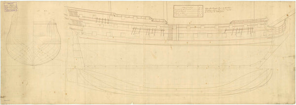 Plan showing the body, sheer lines, and longitudinal half-breadth for ‘Nottingham’ (1745)