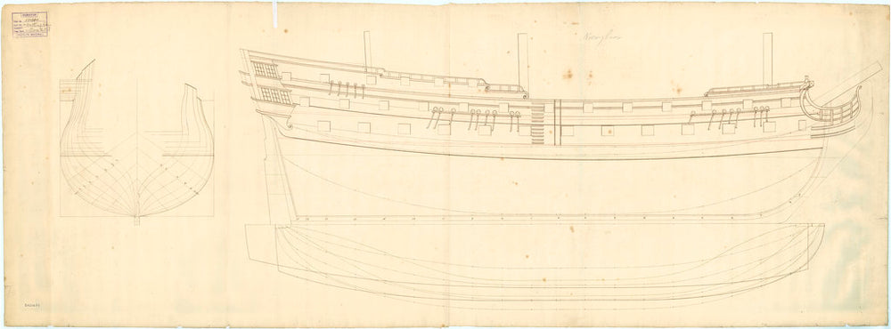 Plan showing the body, sheer lines and longitudinal half-breadth for ‘Nottingham’ (1745)