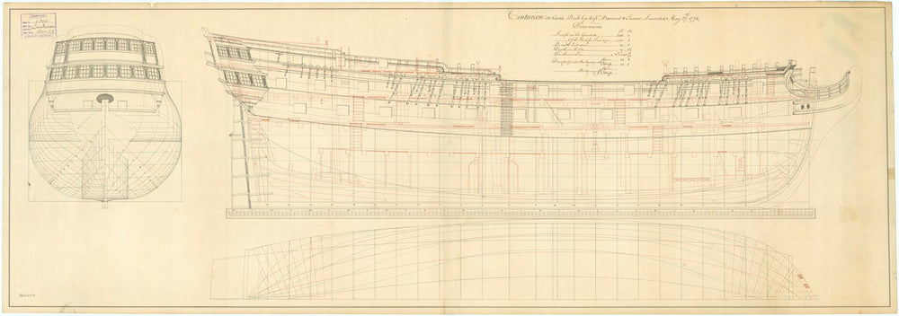lines & profile of the 50-gun, 4th rate 'Centurion' (1774)