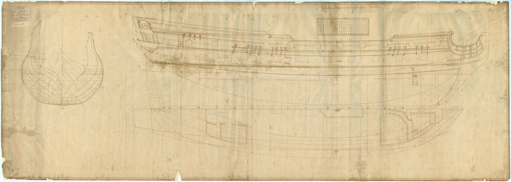 Chatham (1721) Plan showing the body plan, sheer lines with some inboard detail, and longitudinal half-breadth with platform details