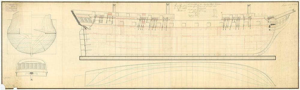 Body plan, stern board outline, sheer lines, and longitudinal half-breadth for Volontaire (captured 1806)