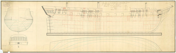 Body plan, stern board outline, sheer lines, and longitudinal half-breadth for Volontaire (captured 1806)