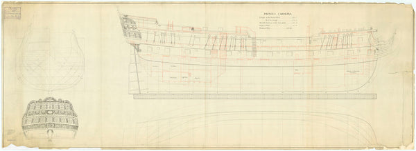 Lines and profile plan for 'Princess Caroline' (captured 1780)