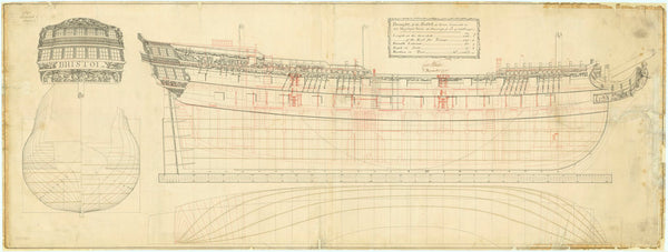 Plan showing the body plan, stern board decoration detail with the name on the counter, sheer lines with inboard detail and figurehead, and longitudinal half-breadth forthe 'Bristol' (1775)