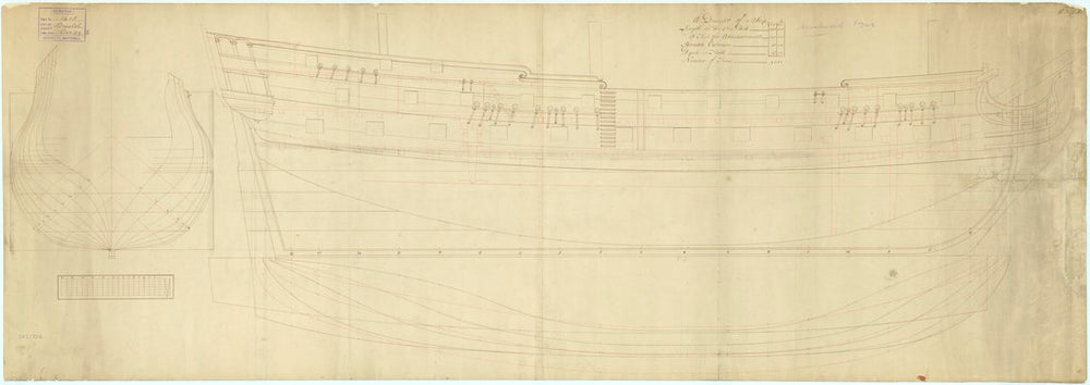 Plan showing the body, sheer lines with some inboard detail, and longitudinal half-breadth for Bristol (1746), and later for Rochester (1749)