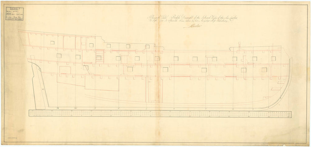 Plan of inboard profile for San Carlos (captured 1779) [obverse]