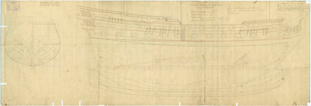 Plan showing the body plan, sheer lines, and longitudinal half-breadth for Weymouth (1736) and Dragon (1736)